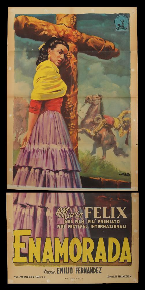 L'immagine riproduce uno dei manifesti conservati presso la Mediateca Regionale Pugliese (vedi Note). Si tratta di una delle versioni grafiche del manifesto del film in bianco e nero “Enamorada”, del 1946 per la regia di Emilio Fernández. L’illustratore del manifesto è Averardo Ciriello (A. Ciriello), come si evince dalla firma in basso a destra. Il pittore da subito mostrò un linguaggio elaborato e uno stile pittorico colto e maturo, sia nel ritratto che nelle scene narrative. Il colore e le sfumature volumetriche hanno sempre caratterizzato le sue opere, i suoi tocchi di colore morbidi sono "emotivi" e denotano una comunicazione visiva chiara e coinvolgente. Lo spazio compositivo è occupato in prevalenza dalla figura intera della protagonista femminile, ritratta in tu...