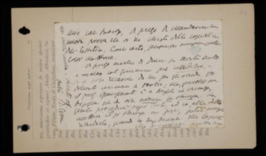 Nella cartolina, Benedetto Croce sollecita Laterza a spedirgli una prova, precedentemente richiesta, della copertina del suo volume di estetica e lo invita ad accordarsi con la tipografia Giannini per la stampa de "Il Candelaio" di Giordano Bruno, approfittando della presenza a Napoli del curatore Vincenzo Spampanato.