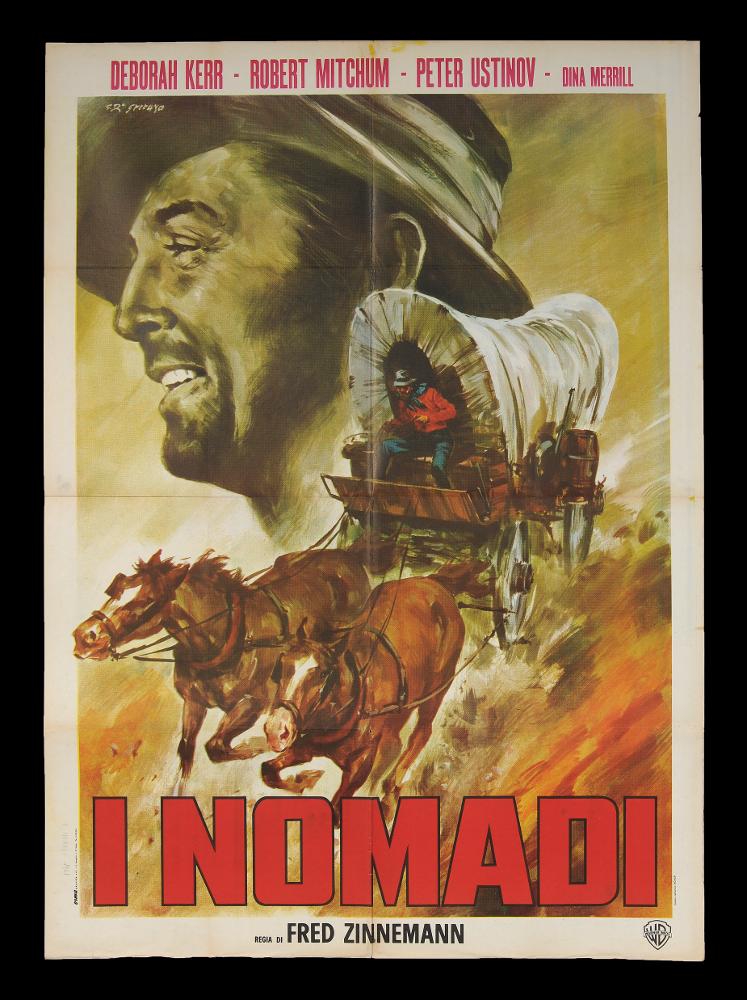 L'immagine riproduce uno dei manifesti conservati presso la Mediateca Regionale Pugliese (vedi Note). Si tratta della versione grafica per il manifesto del film western americano “I nomadi”. L'opera è a firma dell’illustratore G. Di Stefano, autore narrativo vicino ad altri interpreti della pittura di cinema dell'epoca. L'impianto grafico è infatti molto tradizionale: una unica grande scena immerge il fruitore nell'atmosfera desolata e difficile del vecchio West. Nello spazio è infatti raffigurato, con una pittura morbida fatta di piccole e veloci pennellate dalle sfumature cromatiche calde, il grande volto di profilo di Robert Mitchum, accompagnato da una carrozza con cavalli che racconta la vita nomade del protagonista....