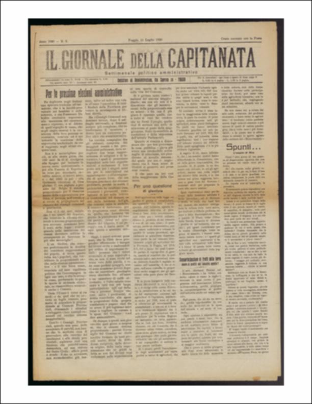 Il documento è parte della collezione del fondo libri digitalizzati della Biblioteca provinciale La Magna Capitana di Foggia, comprendente alcune monografie di diversi secoli e periodici del Novecento. Nello specifico si tratta del terzo numero del periodico “Il Giornale della Capitanata – Settimanale politico amministrativo”, pubblicato l'11 luglio 1920. In prima pagina si ritrova un articolo di politica interna sulle elezioni amministrative che a breve avrebbero coinvolto la nazione. Presente nella colonna “Spunti..” la rubrica “L'angolo di Mite” dedicata al cambiamento nel vestiario delle donne “moderne” del tempo. Altro appuntamento per i lettori, questa volta in seconda pagina, è la rubrica “La nota gioconda” che in questo numero riflette scherzosamente sulla tassa...