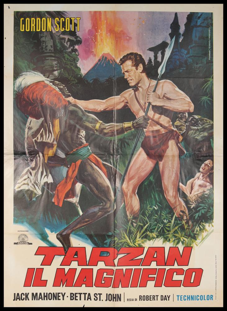 L'immagine riproduce uno dei manifesti conservati presso la Mediateca Regionale Pugliese (vedi Note). Si tratta della locandina del film "Tarzan il Magnifico", a firma di Piovano per lo Studio Paradiso, con il quale realizzerà molti manifesti per il cinema. La composizione accompagna una delle numerose storie della serie di film dedicata a Tarzan, il noto personaggio immaginario, nato dalla fantasia dello scrittore americano Edgar Rice Burroughs. Nello specifico, questo venne considerato dalla critica come "il miglior Tarzan mai realizzato". Piovano progettò così un'immagine pulita, descrittiva e narrativa da toni caldi e contrasti scuri, che cattura uno dei momenti simbolici e più drammatici del film, con particolare evidenza agli elementi naturalistici ed esotici che ...
