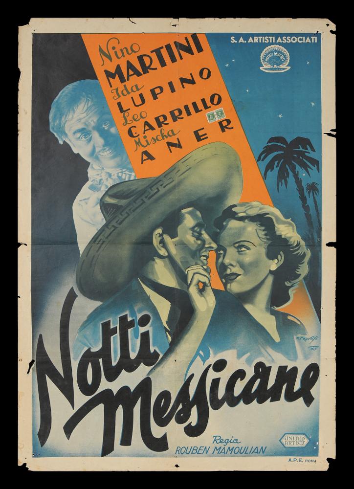 L'immagine riproduce uno dei manifesti conservati presso la Mediateca Regionale Pugliese (vedi Note). Si tratta di uno dei manifesti del film “Notti messicane” del 1936 per la regia di Rouben Mamoulian. La firma che si legge in basso a destra è dell’illustratore Raffaele Francisi (R. Francisi) che compone questa illustrazione sui toni del blu e sulle sue sfumature. In primo piano la coppia di protagonisti è ritratta in un dolce scambio di sguardi, da notare il sombrero del personaggio maschile. Alle loro spalle, in toni più chiari, un sorridente Leo Carrillo sembra osservare la coppia Martini – Lupino da lontano....