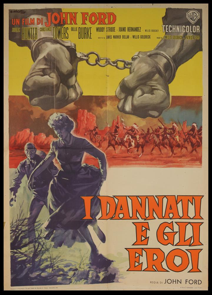 L'immagine riproduce uno dei manifesti conservati presso la Mediateca Regionale Pugliese (vedi Note). Ciriello firma il dipinto per il manifesto di "I dannati e gli eroi", film western americano di John Ford (1960). Pittore dal linguaggio elaborato e dallo stile pittorico colto e maturo, sia nel ritratto che nelle scene narrative, Ciriello seppe caratterizzare le sue opere con l'uso di sfumature volumetriche, tocchi di colore morbidi "emotivi", che denotano una comunicazione visiva chiara e coinvolgente. Si ricorda come tra i più importanti disegnatori per manifesti del cinema italiano. Iniziò a lavorare come pubblicitario presso l’agenzia 'Non plus ultra' a Milano e poi presso la 'Ima', la più grande agenzia di pubblicità in Italia. Il suo talento come disegnatore di a...