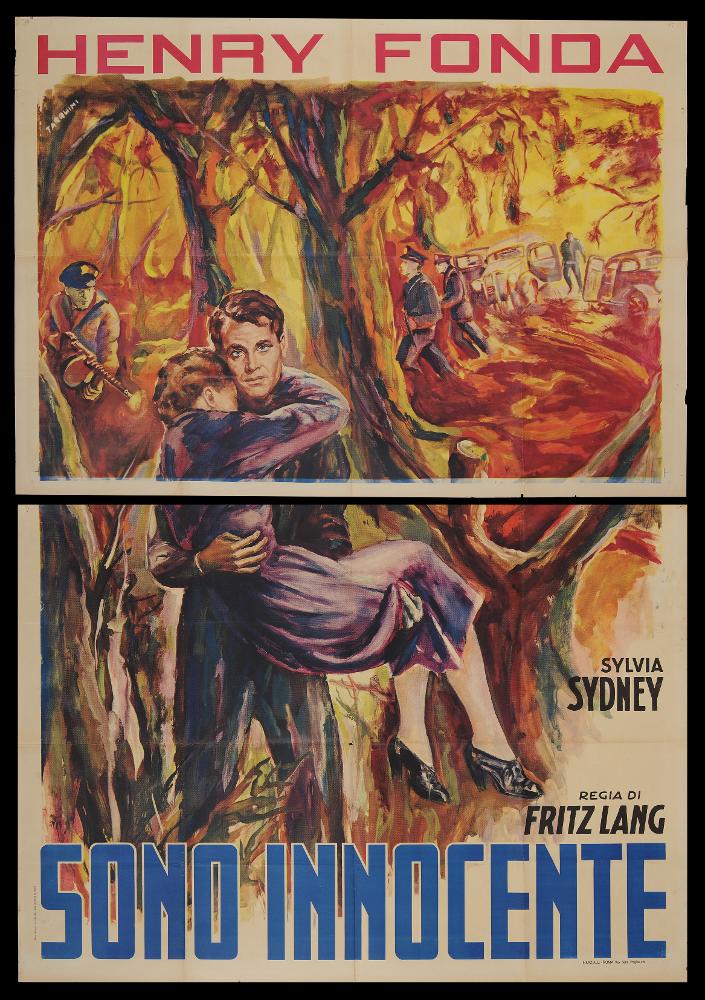 Sono innocente (You Only Live Once) è un film statunitense del 1937 diretto da Fritz Lang, su sceneggiatura di Gene Towne e C. Graham Baker. 
Il manifesto cinematografico è firmato dal celebre pittore di cinema Paolo Tarquini, "Pittore non Pittore" come lui stesso si definì. Tarquini fu un artista che condivise la sua arte con il padre Sabatino ed i fratelli Luigi e Glauco. Il suo stile dalle ambientazioni impalpabili e sognanti si ritrova anche in questa composizione; la scena è delineata dall'uso di colori forti che enfatizzano la drammaticità della scena. Le pennellate vibranti e veloci fatte di molte sfumature sono caratteristica della pittura di Tarquini, amante dei colori pastello miscelati a contrasto tra loro a ricreare atmosfere inquietanti ma nello stesso temp...