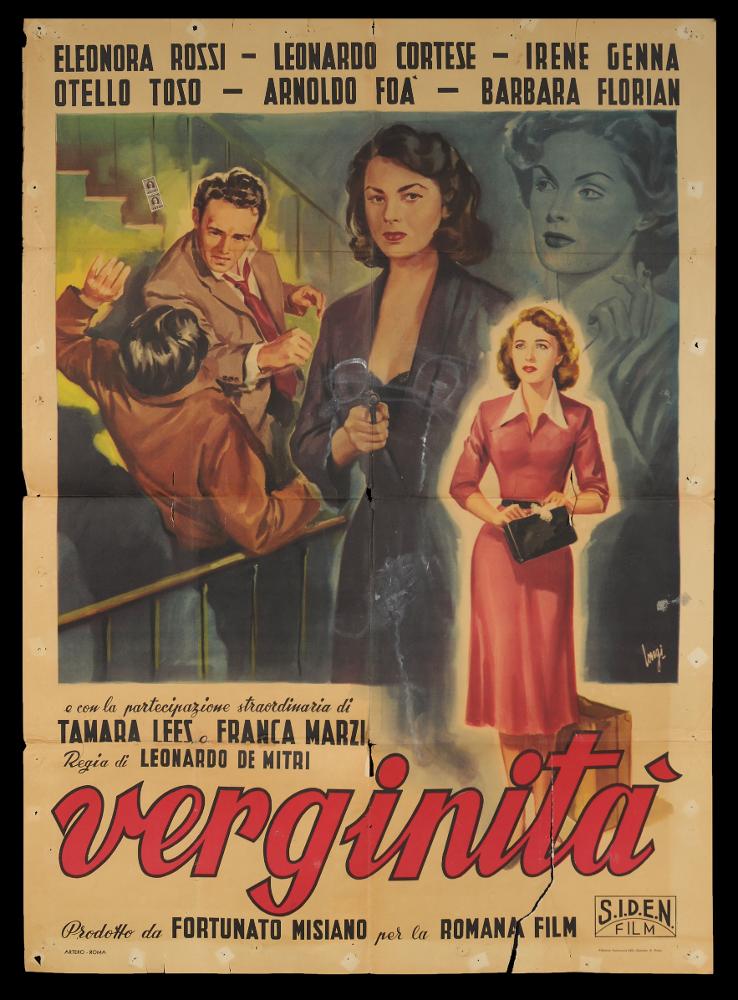 L'immagine riproduce uno dei manifesti conservati presso la Mediateca Regionale Pugliese (vedi Note). Si tratta del manifesto del film italiano "Verginità", di cui si conserva in collezione anche la locandina, entrambi a firma di Longi. Come in molte composizioni pittoriche, l'artista mette in risalto la figura femminile, facendosi interprete di quella tendenza degli anni '50 nella quale la bellezza della donna è esaltata sia nei film sia nella pittura da cinema. A differenza di altre opere, qui i momenti narrativi sono racchiusi in una sorta di cornice, dove i colori scuri, l'intensità dei volti e la scena sulla sinistra servono a rendere il dramma di Gianna, ragazza di campagna in cerca di fortuna nel mondo dell'intrattenimento e che Longi raffigura circondata di luce...