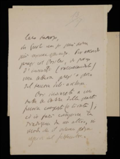 Nella lettera, Benedetto Croce invia a Laterza una bozza di lettera da spedire a Tommaso Gnoli per sollevarlo dall'incarico di traduttore del volume “Positivismus und Idealismus in der Sprachwissenschaft” (Positivismo e idealismo nella scienza del linguaggio)di Karl Vossler. Il filosofo raccomanda poi la puntuale distribuzione del suo periodico "La Critica".