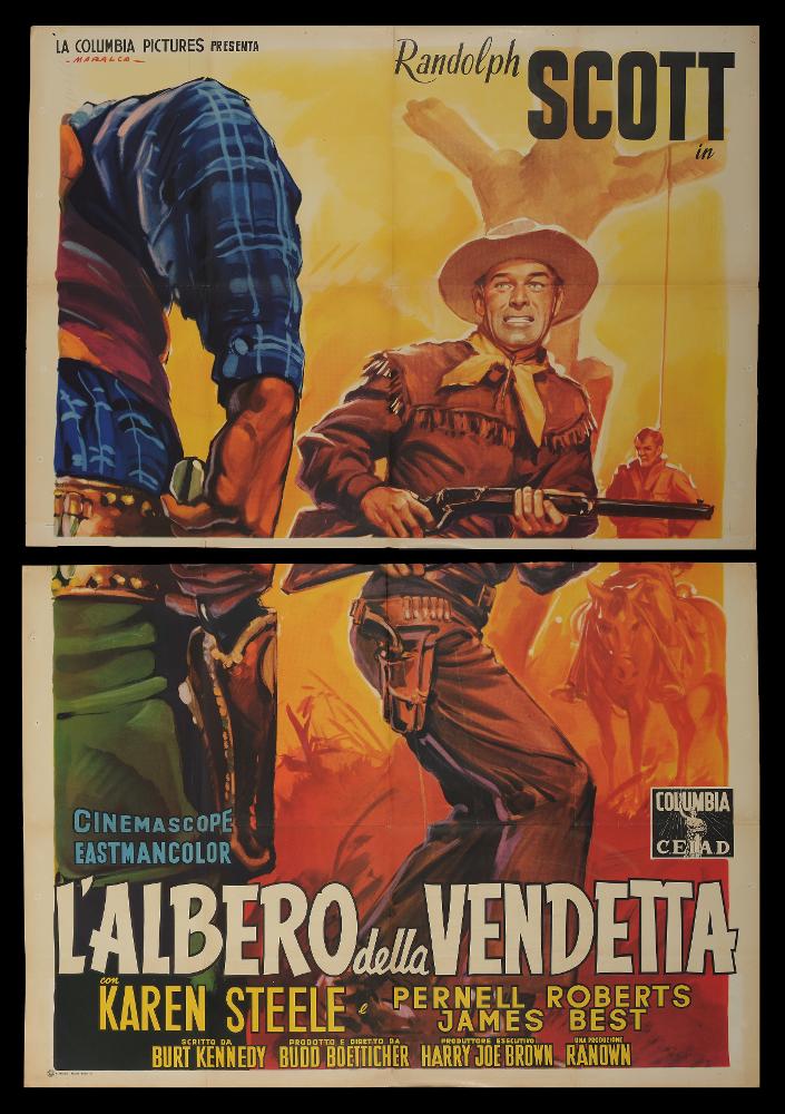 L'immagine riproduce uno dei manifesti conservati presso la Mediateca Regionale Pugliese (vedi Note). Si tratta di una delle versioni grafiche del manifesto del film “L’albero della vendetta” del 1959 per la regia di Budd Boetticher. Il manifesto è a firma Maralca, non un solo illustratore, bensì una società fondata dai due pittori di cinema Alfredo Capitani e Luigi Martinati per permettere il lancio sul mercato delle pellicole in uscita. In linea con i canoni utilizzati per la rappresentazione di scene di film western, è possibile riconoscerne immediatamente l’ambientazione a partire dagli abiti dei personaggi. In primo piano un uomo di spalle, visibile solo per una metà, immortalato mentre sta per estrarre l’arma da puntare contro il personaggio che lo spettatore vede...