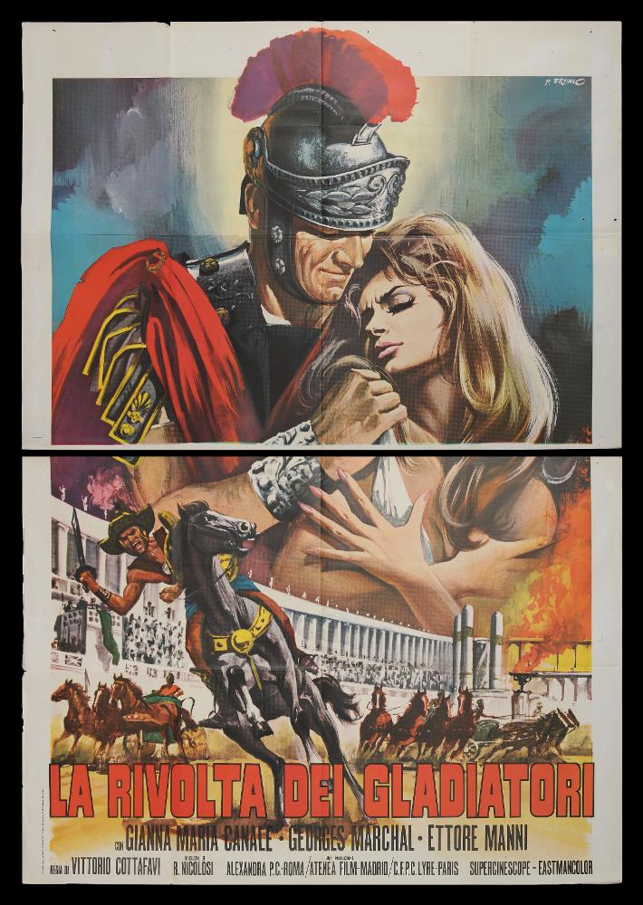 L'immagine riproduce uno dei manifesti conservati presso la Mediateca Regionale Pugliese (vedi Note). Si tratta di uno dei manifesti del film “La rivolta dei gladiatori” del 1958 per la regia di Vittorio Cottafavi. La firma che leggiamo in alto a destra è di Franco, illustratore che ha firmato alcuni dei manifesti legati alla figura di Tarzan. Qui l’ambientazione è romana, nel II secolo circa, pienamente riconoscibile dalla scenografia. La composizione, composta da due parti viste le grandi dimensioni (140x200) è occupata in prevalenza dai due protagonisti, immortalati in un sensuale abbraccio mentre alle loro spalle è in atto la ribellione esplicitata nel titolo....