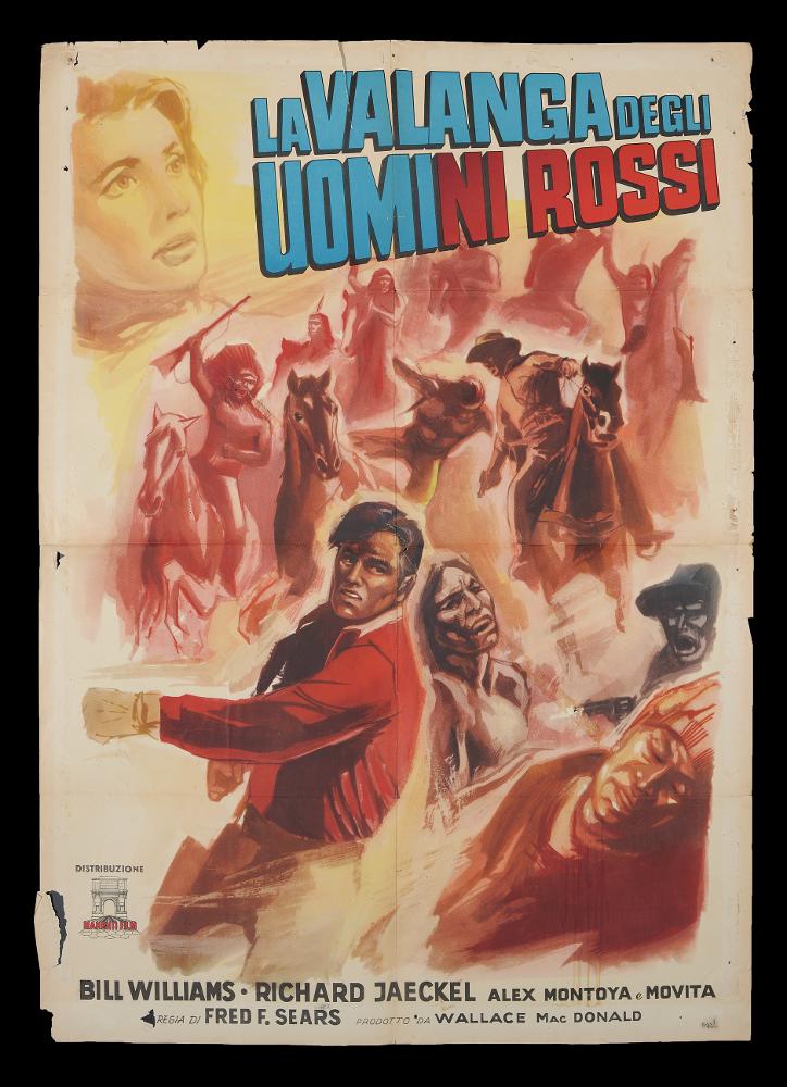 L'immagine riproduce uno dei manifesti conservati presso la Mediateca Regionale Pugliese (vedi Note). Si tratta della versione grafica del manifesto del film western americano "La valanga degli uomini rossi". Senza firma, la composizione è creata con pennellate veloci, abbozzate come fossero un disegno, a macchie di colore sui toni dei rossi, gialli e arancio. I volti espressionisti richiamano la drammaticità del film, come la scena d'assalto degli indiani, sviluppata come in un vortice....