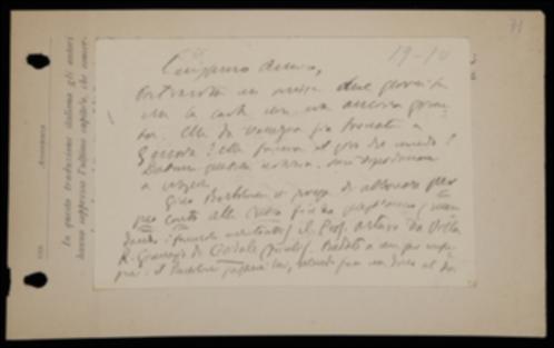 Nella cartolina Benedetto Croce chiede a Giovanni Laterza di essere informato sulla carta per il suo volume di saggi di estetica e lo prega di intestare ad Arturo Da Villa un abbonamento a “La Critica” a spese di Gino Bertolini.