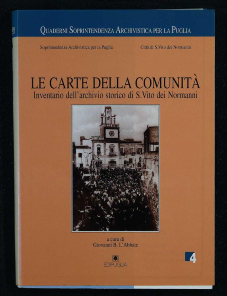 <div class="ql-editor">Il volume digitalizzato riporta alla luce l'inventario del patrimonio documentario dell'archivio storico del comune di San Vito dei Normanni, finito di riordinare ed inventariare nel 1983. Questa pubblicazione si deve a Giovanni L'Abbate che ha reso possibile, mosso dalla necessità di rendere pubblico e consultabile il patrimonio conservato tra le mura dell'archivio, la ricostruzione dell'archivio e delle sue mancanze. Il L'Abbate nota fin da subito la mancanza di carte settecentesche e della prima metà dell'800, mancanza dovuta ad un "errore" dell'archivista che ha commisto atti amministrativi concepiti in periodici storici e con normative differenti, incanalandoli con un unico parametro di conservazione. Nel corso di ben cinqua...