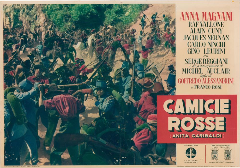 L'immagine digitale riproduce il manifesto cinematografico del film “Camicie rosse” elaborata in occasione della mostra "Cinema 150 anni. Mostra di manifesti cinematografici d'epoca sul Risorgimento". La mostra, allestita negli spazi della Mediateca Regionale di Bari, è stata realizzata nel 2011 dall'Ufficio Attività culturali e audiovisivi, afferente al Servizio Cultura e Spettacolo della Regione Puglia, in occasione delle celebrazioni dei 150 anni dell'Unità d'Italia. La fotobusta, realizzata nel 1952 per promuovere il film, ripropone il combattimento tra i garibaldini e le truppe dell'esercito austriaco, uno dei momenti più salienti del film. La scelta di utilizzare un rosso scarlatto per definire lo sfondo su cui si distribuiscono i caratteri grafici del titolo semb...