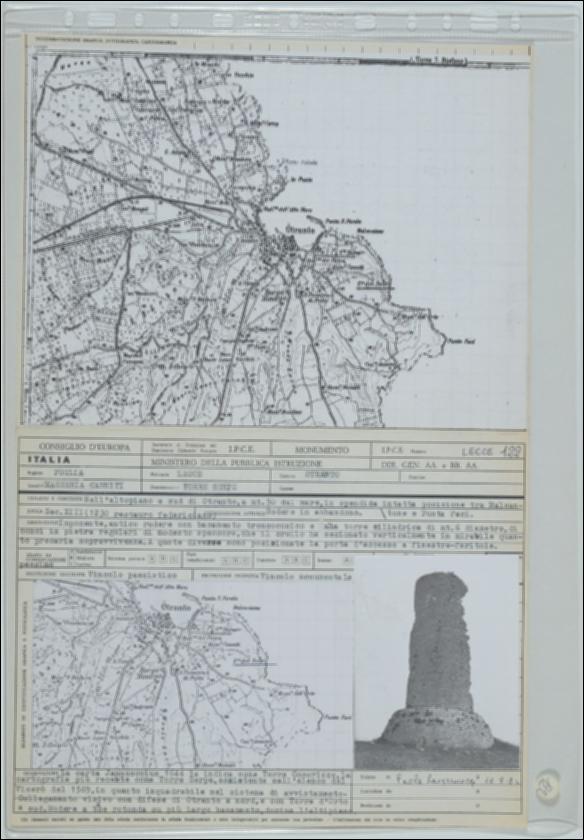 La scheda in oggetto è parte del volume “Censimento delle opere fortificate in Puglia”, risultato dell'attività promossa dalla Regione Puglia tra il 1981 e il 1982, per individuare e descrivere le principali costruzioni in muratura presenti nel territorio. Composta da due fogli sciolti, è redatta da Paola Lavermicocca il 10 agosto 1982. Torre Serpe o Torre Cocorizzo è situata a Otranto in provincia di Lecce in area costiera a 50 metri dal mare. La costruzione risale al XIII secolo e presenta porzioni di muratura crollate per quasi metà torre. La costruzione si presenta con un basamento troncoconico sul quale s’innesta una torre cilindrica di diametro pari a 6 metri. La struttura muraria è realizzata in conci di pietra locale lasciata a vista ed ordita secondo filari ori...