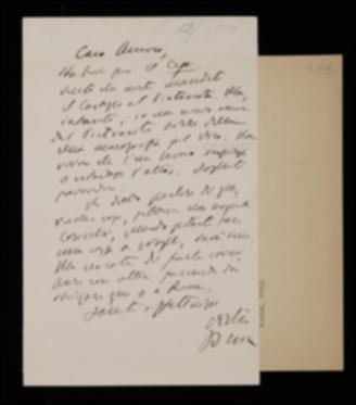 Nella cartolina, concordando con Giovanni Laterza sulle condizioni da proporre a Camillo Cessi per il suo volume sulla poesia ellenistica da pubblicare nella “Biblioteca di cultura moderna”, Benedetto Croce prega l'editore barese di rammentare alla tipografia Vecchi che la stampa della sua monografia su Giambattista Vico deve avere la precedenza rispetto a quella del volume di René Descartes. Il Laterza viene inoltre invitato a recarsi a Napoli appena possibile per discutere personalmente di alcune questioni.