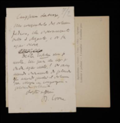 Nella cartolina, Benedetto Croce si complimenta con Laterza per l'eleganza del volume di Karl Federn e si raccomanda per una sollecita composizione del suo volume di estetica.