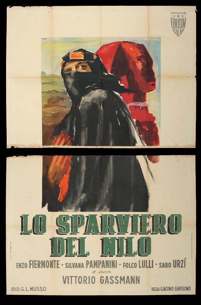 L'immagine riproduce uno dei manifesti conservati presso la Mediateca Regionale Pugliese (vedi Note). Si tratta del manifesto del film "Lo sparviero del Nilo", la cui illustrazione è a firma di Ercole Brini. Artista romano dal linguaggio delicato, le sue opere sono riconoscibili per l'uso degli acquerelli che rendono le figure e le ambientazioni come impalpabili e cariche di magia. Splendida l'ambientazione rappresentata in Egitto che fa da sfondo a tutta la composizione. La tecnica degli acquerelli gli permetteva di creare con grande sensibilità racconti in cui le figure si fondono al paesaggio, figure diverse si fondono una nell'altra, in atmosfere impalpabili e ricche di fascino. La realtà diventa sogno e poesia: pochi elementi e pennellate vibranti rendono il fascin...