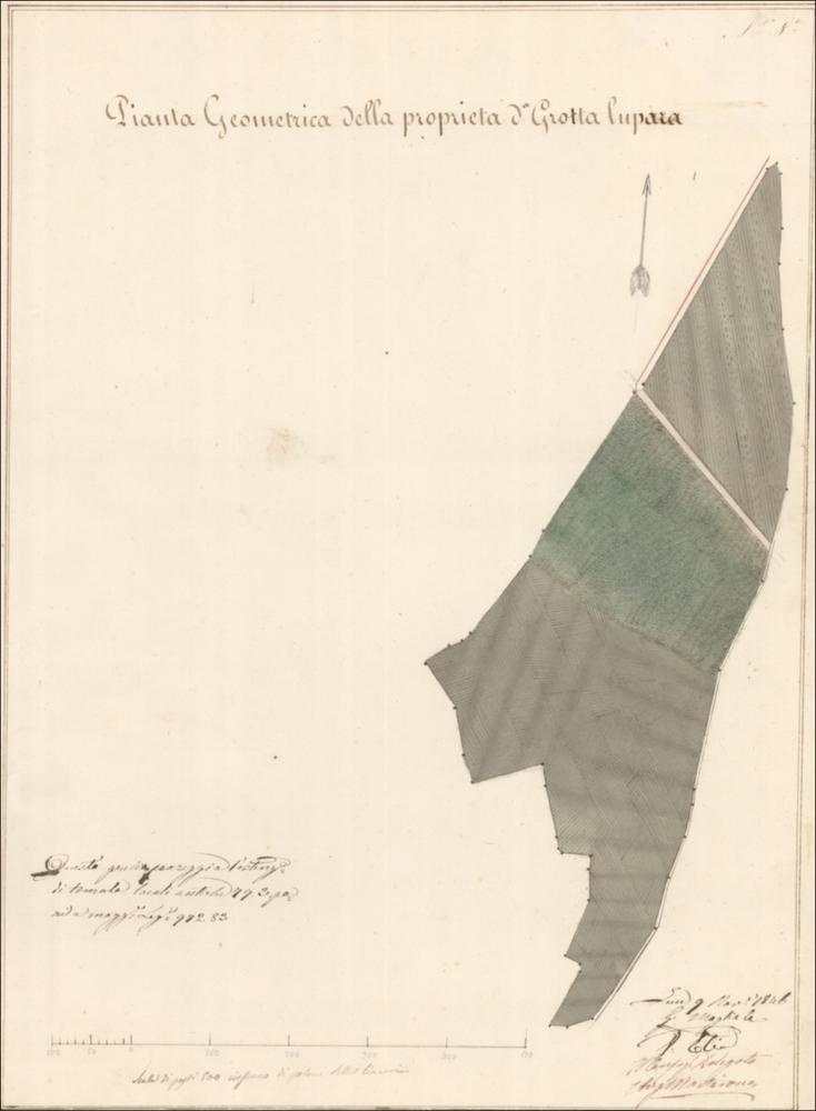 Trattasi di disegno a colori su carta datato Lecce 9 novembre 1846 redatta dai periti Giuseppe Magliala e Vincenzo Elia. La pianta del podere Grotta lupara, occupa la parte destra della composizione, incorniciata in alto dal titolo e orientamento, mentre in basso a sinistra dall' un'annotazione e la scala grafica, a destra dalle note d'autore. La simbologia è ridotta al minimo, con il fondo suddiviso in due particelle mediante una strada, i cui bordi sono delineati in rosso. La rappresentazione degli elementi naturali del territorio, avviene attraverso l'utilizzo di una ingenua simbologia grafica, un tratteggio che cambia verso a seconda della destinazione colturale e/o la tipologia del terreno, e una porzione trattata con tratteggio ad andamento curvilineo indicante il...