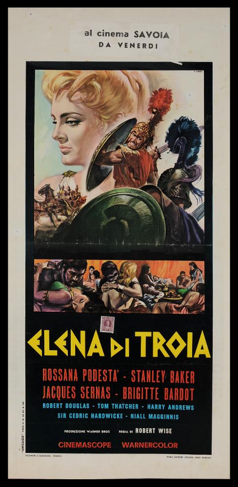 L'immagine riproduce uno dei manifesti conservati presso la Mediateca Regionale Pugliese (vedi Note). Si tratta della locandina del film “Elena di Troia” a firma di Renato Casaro, di cui si conserva anche la sua versione realizzata per il manifesto. Fu tra i maggiori rappresentanti della grafica e del manifesto del secondo dopoguerra, che utilizzava ai suoi esordi la firma "C. Renè", prima della ben più nota R. Casaro; per le sue opere si ispirò ai più affermati artisti ed illustratori di cinema, come Angelo Cesselon, il primo pittore ad utilizzare, per i manifesti cinematografici, un nuovo linguaggio che dà maggiore importanza ad una grande scena, ad un ritratto per raccontare una storia. Casaro è noto per essere stato un autodidatta che riuscì tuttavia ad acquisire co...