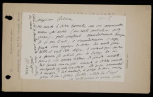 Nella cartolina, Benedetto Croce prega Giovanni Laterza di spedirgli alcune bozze del volume di Silvio Spaventa, comunicandogli di essere nel frattempo occupato anche dalla correzione delle bozze del proprio volume di logica e dalla stesura degli articoli per "La Critica". Croce auspica inoltre che Emilio Cecchi restituisca presto le sue bozze ed esorta Laterza ad insistere affinché Giuseppe Lombardo Radice faccia lo stesso con le sue. Infine il filosofo si complimenta per il successo del volume di Georges Sorel.