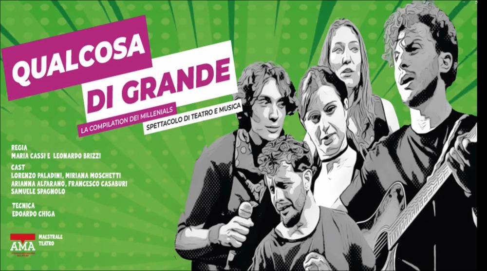 <div>Video dello spettacolo “Qualcosa di Grande” portato in scena il 19 dicembre 2024 al Teatro Paisiello di Lecce in occasione dell’iniziativa “Tempora Contempora#5 - Winter Edition”. Sei attori sono alle prese con una cover di “Qualcosa di grande”. Converse, polsini colorati, atteggiamento da eterni ragazzi. Musica dal vivo e ricordi che accompagnano il pubblico attraverso aneddoti divertenti, stimolanti, amari. Uno spettacolo che, con lo stile di un musical e la brillantezza di uno stand up, racconta l’esigenza di un’intera generazione di essere ascoltata. La musica crea un ponte temporale e cuce insieme i ricordi, quelli dell’intera generazione millennial.</div><div>I giovani attori e attrici (Lorenzo Palad...
