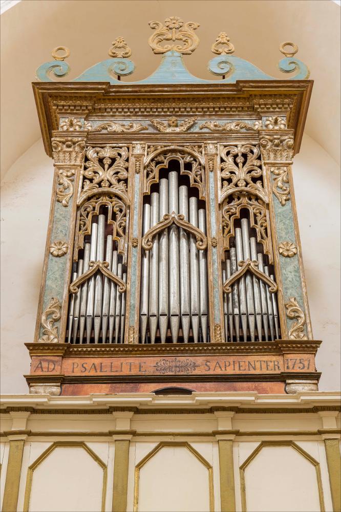 L’immagine raffigura l’organo collocato nella chiesa di S. Michele Arcangelo a Castrignano del Capo, in provincia di Lecce. La chiesa distrutta da un violento terremoto fu ricostruita nel 1743 e riaperta al culto nel 1753. Il portale centrale, sormontato da una piccola statua di San Michele (1619), rappresenta ciò che rimane dell’edificio precedente; fino al Novecento si conservavano anche le due torri in facciata a pianta quadrata del 1557 che fiancheggiavano l’edificio. All’interno si conservano pregevoli tele tra cui quelle dedicate a Sant’Oronzo, San Michele e San Giovanni e una scultura di San Michele del famoso scultore napoletano Nicola Fumo, mentre tra gli arredi lignei si segnalano i confessionali settecenteschi e l’organo a canne. La cassa d’organo è collocata...