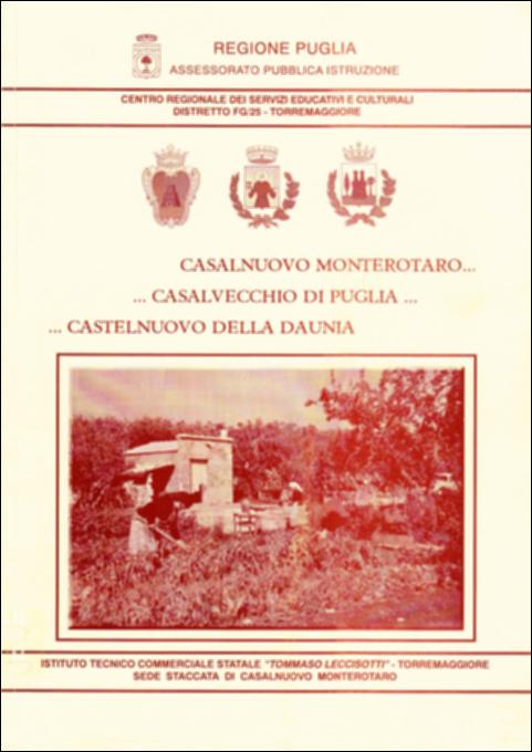 Il volume è parte della grande raccolta denominata “Libri di Puglia”, progetto di digitalizzazione a cura di Nicola Pergola che ha lo scopo di rendere fruibile la produzione editoriale dei Centri regionali di servizi educativi e culturali e degli Assessorati alla cultura e alla Pubblica Istruzione della Regione Puglia, dal 1968 agli anni 2000. Realizzato in collaborazione con docenti e
studenti del locale Istituto tecnico commerciale Tommaso Leccisotti, il volume è un ricerca
snella ma esaustiva su tre piccoli comuni del Subappennino daunio: Casalnuovo Monterotaro,
Casalvecchio di Puglia, Castelnuovo della Daunia. A una breve nota sulle origini storiche dei tre centri seguono notizie sullo sviluppo demografico del territorio e sulle emergenze culturali più rilevanti, su...