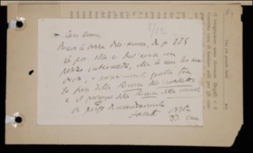 Nella cartolina Benedetto Croce comunica all'editore Laterza di aver ricevuto alcune bozze del volume di David Hume, richiedendone altre mai visionate.