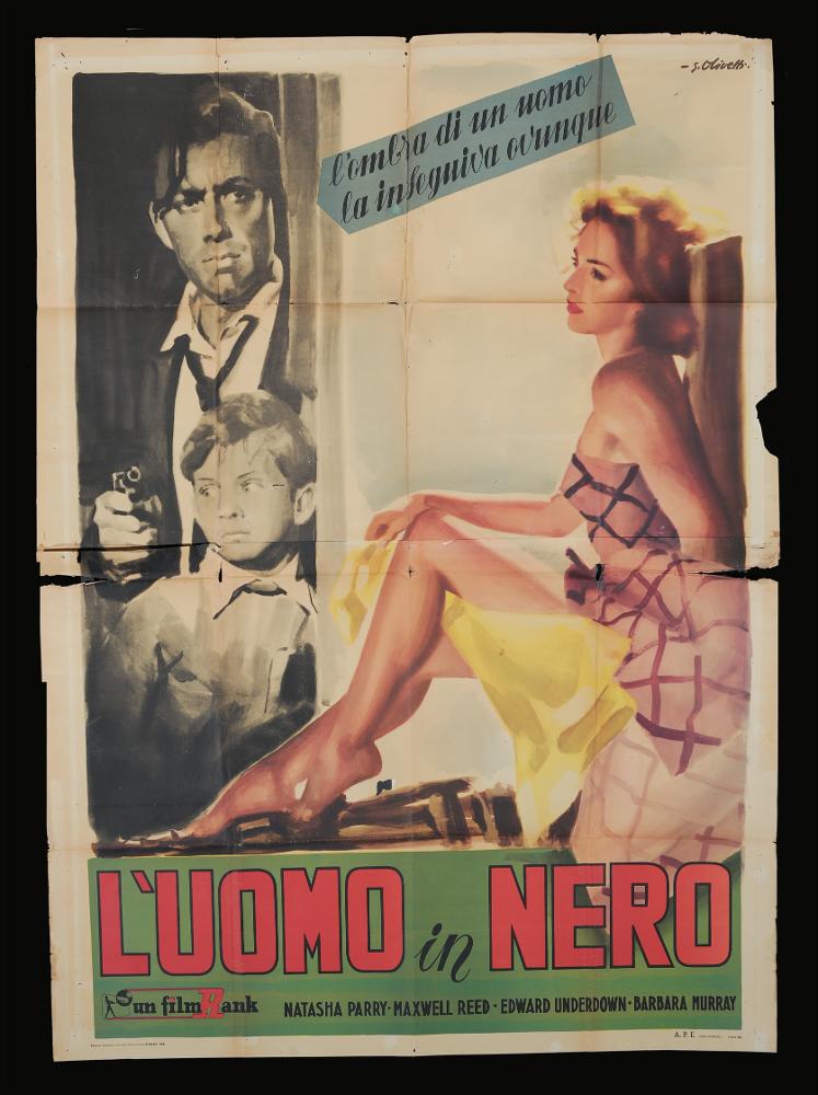 L'immagine riproduce uno dei manifesti conservati presso la Mediateca Regionale Pugliese (vedi Note). Si tratta di una delle versioni grafiche per il manifesto del film in bianco e nero "L’uomo in nero" del 1951 per la regia di Jeffrey Dell. La composizione è a firma dell’illustratore bolognese G. Olivetti (Giorgio Olivetti). Classe 1908, Olivetti caratterizza le sue opere da uno stile morbido, sfumato, fatto di acquerelli delicati che rendono il volume anche grazie ad un uso sapiente dei chiaroscuri. La narrazione in questo manifesto si presenta su due livelli, in primo piano la bellissima e sensuale protagonista femminile, resa nella sua tridimensionalità in maniera autentica e realistica nelle proporzioni. Sullo sfondo, in grigio un uomo armato con un bambino sembran...