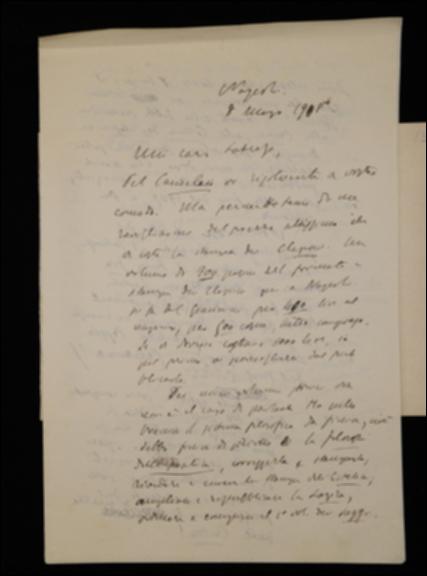 Nella lettera, Benedetto Croce esorta Giovanni Laterza a rivedere gli alti costi di stampa della collana filosofica dei Classici lamentati dallo stesso editore anche per l'edizione de "Il Candelaio" di Giordano Bruno, che rinvierà. Rimanda poi la pubblicazione dei saggi storici richiesti da Laterza volendo dare priorità ai suoi lavori filosofici e gli sconsiglia la pubblicazione dei volumi di Ernesto Jallonghi su Fra Diavolo e di Enrico Cocchia sul Giappone; aggiunge di non conoscere il volume "Osterreich von 1848 bis 1860" (“L'Austria dal 1848 al 1869”) di Heinrich Friedjung. Si dice inoltre amareggiato per il ritardo nella stampa del suo volume di estetica e per la bassa qualità della carta de "La Critica". Infine annuncia la prossima restituzione di bozze del volume ...