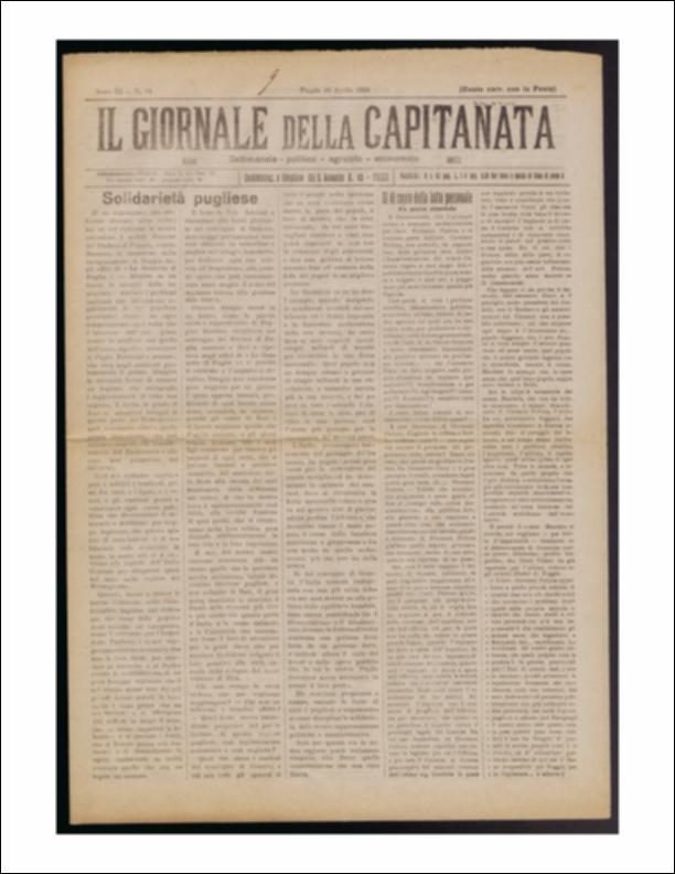 Il documento è parte della collezione del fondo libri digitalizzati della Biblioteca provinciale La Magna Capitana di Foggia, comprendente alcune monografie di diversi secoli e periodici del Novecento. Nello specifico si tratta del dodicesimo numero del periodico “Il Giornale della Capitanata. Settimanale politico agricolo economico”. Nel periodico del 16 aprile 1922 si inizia con la questione del Mezzogiorno, in particolare della Puglia, in quanto si fa un resoconto della volontà di "riunire in un fascio le energie delle tre province" per studiare i problemi regionali delle singole in modo equo, senza che l'interesse di una prevalichi l'altra, nell'intento comune di "valorizzare le Puglie". La Cronaca Cittadina prosegue con il saluto del nuovo Prefetto della Capitanata...