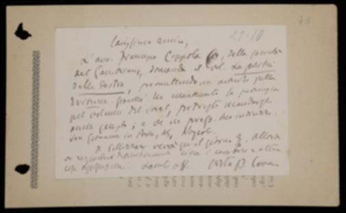 Nella cartolina Benedetto Croce prega Giovanni Laterza di spedire una copia del volume di Silvio Spaventa a Francesco Coppola, come da questi richiesto e gli anticipa che di lì a qualche giorno, dopo aver incontrato Achille Pellizzari, potrà dare una risposta in merito ai caratteri e alle altre questioni tipografiche della collana degli scrittori d'Italia.
