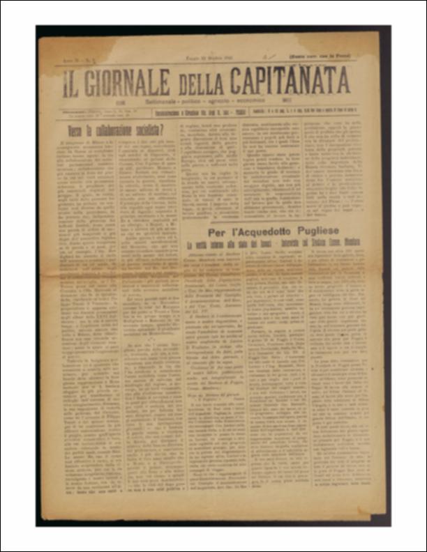 Il documento è parte della collezione del fondo libri digitalizzati della Biblioteca provinciale La Magna Capitana di Foggia, comprendente alcune monografie di diversi secoli e periodici del Novecento. Nello specifico si tratta del terzo numero, anno II, del periodico “Il Giornale della Capitanata – Settimanale politico amministrativo”. Comincia con un articolo sulla politica il periodico del 23 ottobre 1921, in particolare sulla questione socialista e i suoi protagonisti, che risente in parte ancora dei gravi danni subiti dalla guerra, a livello europeo e la cui apertura e collaborazione, si legge, si spera possa riportare lavoro e la "ricchezza distrutta!" Si prosegue con un'intervista al Sindaco Mandara sull'Acquedotto Pugliese e sullo stato dei lavori per cui si vie...