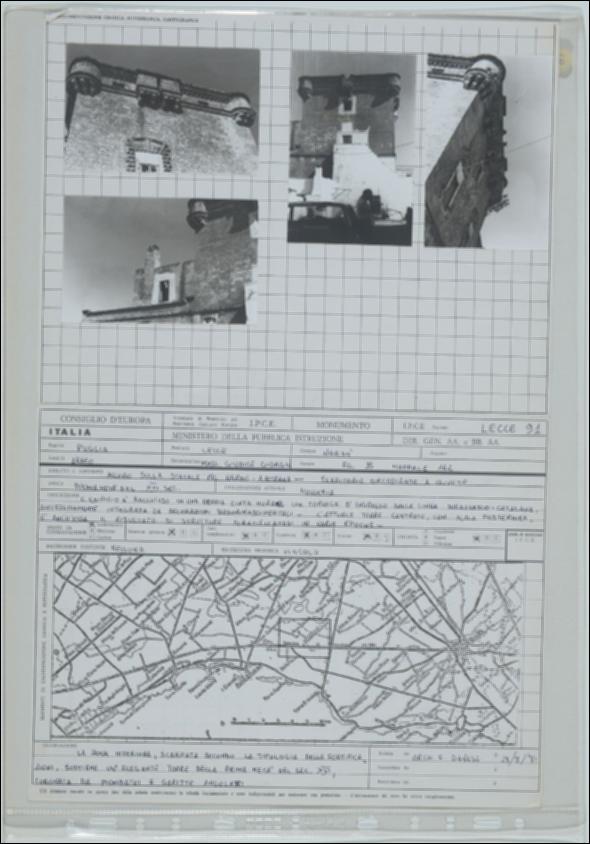 La scheda in oggetto è parte del volume “Censimento delle opere fortificate in Puglia”, risultato dell'attività promossa dalla Regione Puglia tra il 1981 e il 1982, per individuare e descrivere le principali costruzioni in muratura presenti nel territorio. Composta da due fogli sciolti, è redatta dall'architetto F. Danese nell'agosto 1981. La masseria Giudice Giorgio è situata a Nardò in provincia di Lecce, in zona rurale. La masseria risale probabilmente al XVI secolo e rappresenta uno degli esempi più significativi dell’architettura rurale fortificata salentina. L’edificio è racchiuso in una doppia cinta muraria decorata in periodo tardo-rinascimentale e si caratterizza da una torre centrale dotata di caditoie e garitte angolari. La struttura muraria è realizzata da c...