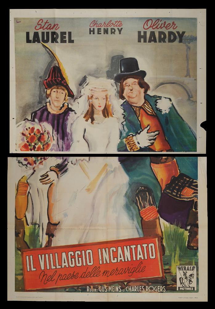 L'immagine riproduce uno dei manifesti conservati presso la Mediateca Regionale Pugliese (vedi Note). Si tratta di una delle versioni grafiche del manifesto del film “Il villaggio incantato”, del 1934 per la regia di Gus Meins e Charley Rogers, a firma di Ercole Brini, come si evince dalla firma in alto a sinistra. L’artista immortala il duo comico per eccellenza Stanlio & Ollio con al centro l’attrice protagonista Charlotte Henry, nei panni di Bo-Peep. Delicato come tutte le composizioni pittoriche che contraddistinguono le sue opere, Brini utilizza spesso gli acquerelli, tecnica che gli permetteva di creare racconti in cui le figure si fondono al paesaggio, creando atmosfere impalpabili e ricche di fascino, capaci di trasportare lo spettatore in mondi onirici. Ispirat...