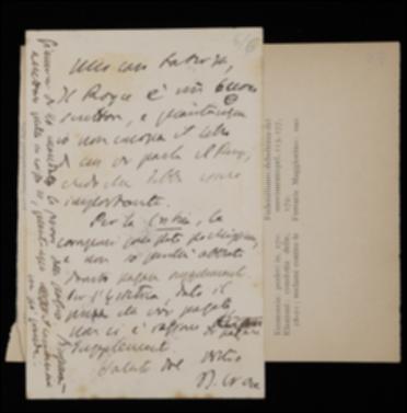 Nella cartolina, Benedetto Croce comunica a Laterza di considerare vantaggiosa la proposta di pubblicare la traduzione italiana del volume "Lo spirito della filosofia moderna" di Josiah Royce curata da Giuseppe Rensi. Gli comunica inoltre di ritenere ingiustificati gli aumenti richiesti dalla tipografia Vecchi per le correzioni alle bozze de "La Critica" e del suo volume di estetica. Infine suggerisce all'editore quale carattere scegliere per la stampa del volume di George Berkeley presso la tipografia Giannini.