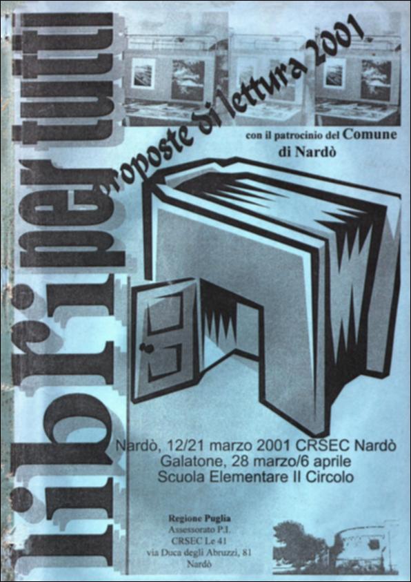 Il volume è parte della grande raccolta denominata “Libri di Puglia”, progetto di digitalizzazione a cura di Nicola Pergola che ha lo scopo di rendere fruibile la produzione editoriale dei Centri regionali di servizi educativi e culturali e degli Assessorati alla cultura e alla Pubblica Istruzione della Regione Puglia, dal 1968 agli anni 2000. L'opuscolo costituisce catalogo della omonima mostra, che metteva in vetrina le più recenti acquisizioni della biblioteca del CRSEC, ricca di una dotazione di oltre 15.000 volumi. Articolata in due sezioni, “Ragazzi” e “Adulti”, la mostra sviluppava in ognuna di esse percorsi di lettura. Nella prima si individuavano infatti pubblicazioni per bambini dai 6 ai 10 anni, letture per quelli dagli 11 ai 14, e proposte per giovani lettor...