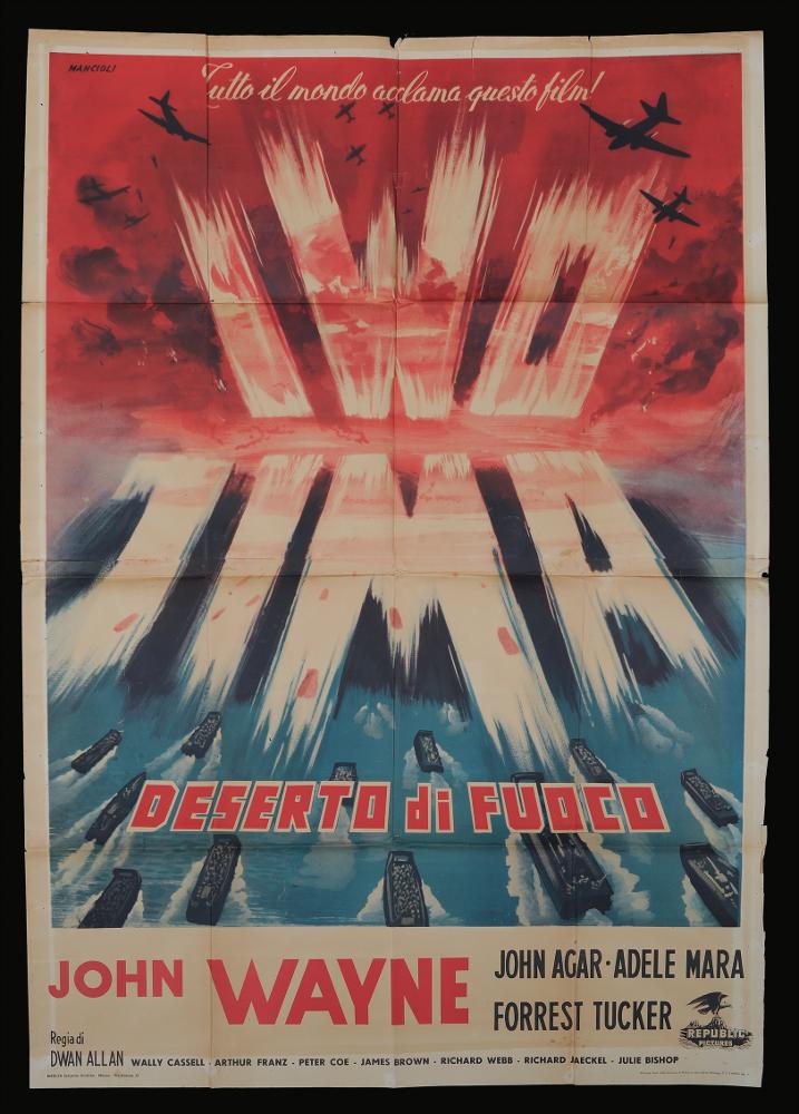 L'immagine riproduce uno dei manifesti conservati presso la Mediateca Regionale Pugliese (vedi Note). Si tratta di una delle versioni grafiche per il manifesto del film in bianco e nero "Iwo Jima, deserto di fuoco" del 1949 per la regia di Allan Dwan. La firma che si legge è dell’illustratore Corrado Mancioli (Mancioli) come si legge in alto a sinistra. Pittore romano aprì, negli anni Trenta, uno studio pubblicitario insieme al fratello Ottorino e divenne famoso per i suoi francobolli e per le sue stampe pubblicitarie di propaganda sportiva. Tra alcune delle sue opere per il cinema abbiamo questo manifesto dalle grandi dimensioni, caratterizzato da un sapiente uso dello spazio grafico. Perfettamente centrale il titolo, il nome dell’isola di Iwo Jima, posto su due righe ...