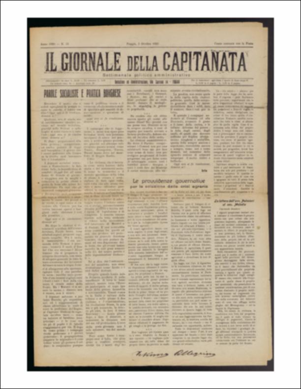 Il documento è parte della collezione del fondo libri digitalizzati della Biblioteca provinciale La Magna Capitana di Foggia, comprendente alcune monografie di diversi secoli e periodici del Novecento. Nello specifico si tratta del quindicesimo numero del periodico “Il Giornale della Capitanata – Settimanale politico amministrativo”, pubblicato il 3 ottobre 1920. In prima pagina vi sono articoli sulla situazione internazionale e nazionale sulla presa del socialismo tra la popolazione. Nell'articolo a firma di Iris si discute sulle imminenti elezioni amministrative nei Comuni e nelle Province. Molta attenzione è rivolta al disegno di legge presentato dal Ministero di Agricoltura per risolvere la crisi agraria che investe tutto il Paese. Seguono notizie e riflessioni rigu...