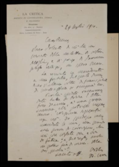 Nella lettera, Benedetto Croce esprime a Giovanni Laterza l'auspicio che la moglie di questi si rimetta presto in salute; poi lo prega di spedire una certa ricevuta al fratello Alfonso. Infine il filosofo invita l'editore barese a non spedire le bozze raccomandate, evitando così inutili spese.