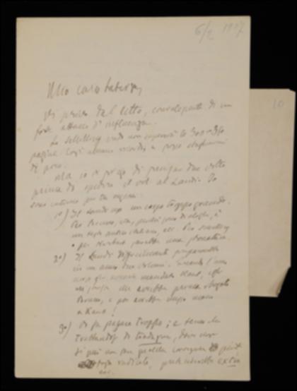 Nella lettera, Benedetto Croce istruisce Laterza sulla stampa dei volumi di Friedrich W.J. Schelling e Giordano Bruno esortandolo a cominciare; inoltre lo sollecita ad accelerare la lavorazione dei volumi di Vittorio Imbriani e Karl Vossler. Gli chiede di far spedire alcuni articoli da P.A. Palmieri direttamente a Napoli e di far pubblicare un sommario del suo periodico.
