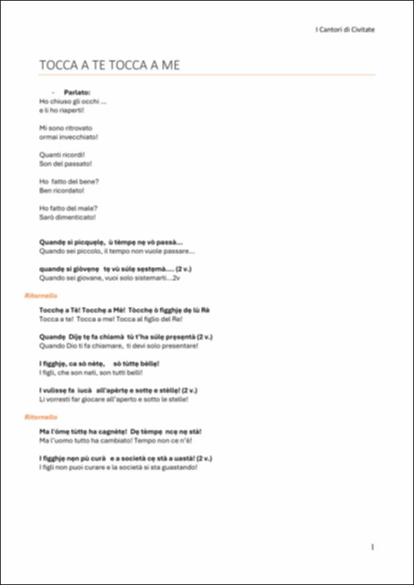 Il documento riporta il testo in lingua dialettale con traduzione in italiano del brano "Tocca a te tocca a me", canto folk che racconta della crescita personale e del peso del tempo. Traduzione a cura di Matteo Longo, uno dei fondatori del Gruppo Folk "I Cantori di Civitate".