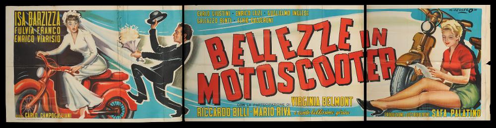 L'immagine riproduce uno dei manifesti conservati presso la Mediateca Regionale Pugliese (vedi Note). Si tratta di una delle versioni grafiche del manifesto del film "Bellezze in motoscooter" del 1952 per la regia di Carlo Campogalliani (si veda anche il manifesto a firma di Barbara Mameli). L’illustratore del manifesto è Angelo Cesselon, considerato come uno dei pittori di cinema più originali e contemporanei, capace di rappresentare con sapienza e maestria i ritratti psicologici dei personaggi attraverso l’uso dei colori e delle linee. Questo a firma di Cesselon è un manifesto fuori misura (450x100 cm) sviluppato in orizzontale, orientamento che permette un tipo di narrazione grafica continua. Le tinte che caratterizzano l’illustrazione sono molto coprenti e piatte, c...