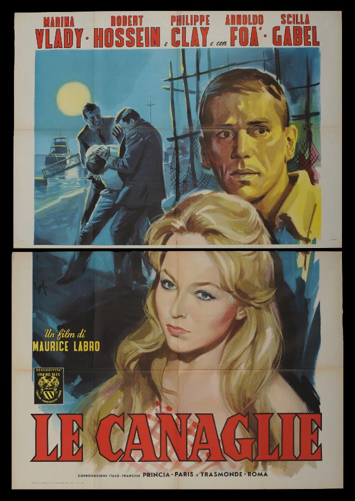 L'immagine riproduce uno dei manifesti conservati presso la Mediateca Regionale Pugliese (vedi Note). Si tratta di una delle versioni grafiche del manifesto del film “Le canaglie” del 1960 per la regia di Maurice Labro. L’illustratore del manifesto è Longi (Carloantonio Longi) come si evince dalla firma in corsivo, presente sul lato sinistro. Illustratore e cartellonista cinematografico tra i più importanti sulla scena italiana tra gli anni cinquanta e settanta del Novecento, l'artista ripropone con pennelli e colori alcune scene del film in bianco e nero. In primo piano Longi rappresenta con colori caldi e pennellate ampie i volti dei due protagonisti, mentre in secondo piano, su uno sfondo a cielo aperto, il blu utilizzato rimanda non solo allo svolgimento serale dell...