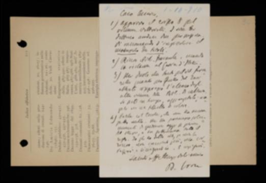 Dopo aver approvato una modifica all'impaginato del volume di Jacopo Vittorelli, Benedetto Croce, accusando ricezione del volume di Giuseppe Ferrarelli, assicura a Giovanni Laterza di inviarne subito la réclame per “Il Giornale d'Italia”. Il filosofo poi lamenta che nello stesso volume del Ferrarelli e in quello di Antonio Tari manchi l'elenco degli altri volumi della medesima collana già pubblicati; infine comunica che correggerà e licenzierà da sé le bozze affidate ad Emilio Cecchi nel caso questi non mantenga la promessa di correggerle tutte a breve.