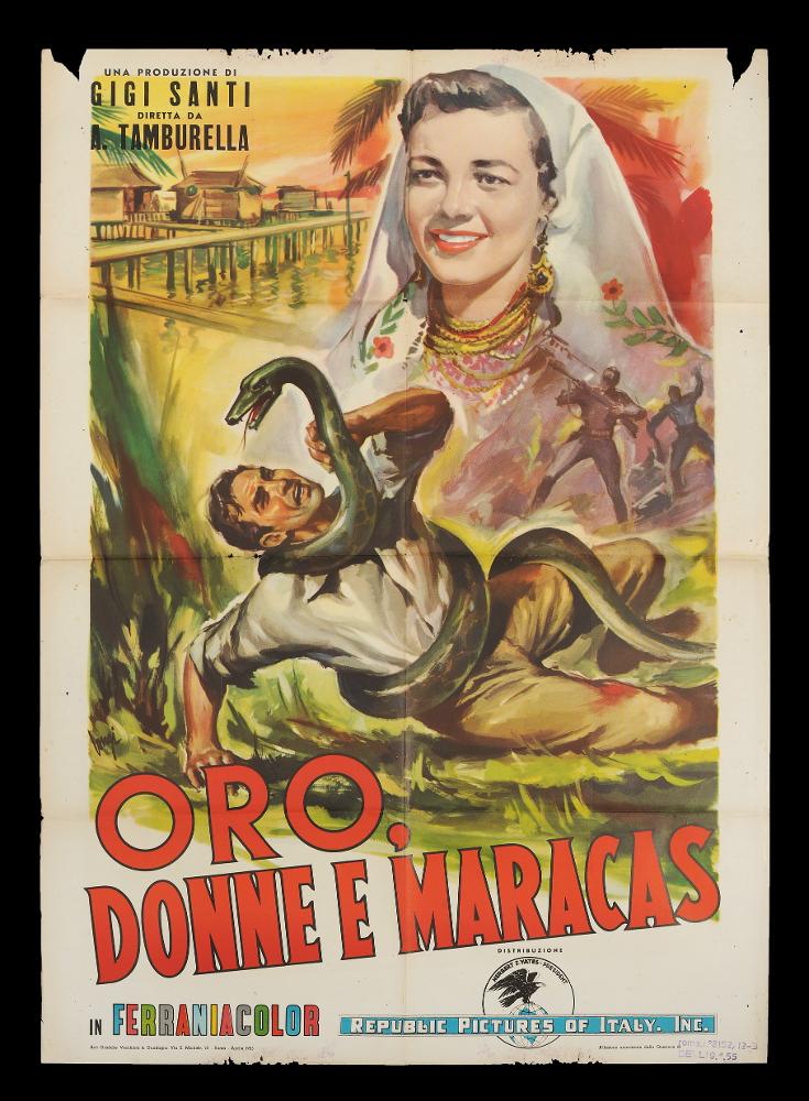L'immagine riproduce uno dei manifesti conservati presso la Mediateca Regionale Pugliese (vedi Note). Si tratta del manifesto del film documentario italiano "Oro, donne e Maracas", a firma di Longi. In molte sue composizioni pittoriche, l'artista mette in risalto la figura femminile, facendosi interprete di quella tendenza degli anni '50 nella quale la bellezza della donna è esaltata sia nei film sia nella pittura da cinema. Qui però la donna raffigurata è vera, non un'attrice, è espressione della cultura di un popolo, con costumi tipici dell'America Latina di metà Novecento. La composizione è luminosa e ricca di colori, cattura oltre che per il ritratto femminile, anche per la scena drammatica principale, esempio di luoghi ancora in gran parte selvaggi e naturali. Il f...