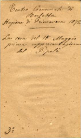Il documento digitale riproduce il libretto teatrale del “Pipelè ossia il portinajo di Parigi. Melodramma giocoso in tre atti“, conservato all'interno della Biblioteca comunale Sabino Loffredo di Barletta. Come indicato nella dicitura a penna riportata in copertina, il melodramma, inserito nel palinsesto della stagione primaverile del Teatro Curci di Barletta, fu eseguito la sera del 15 maggio del 1872 come prima rappresentazione del Pipelè.