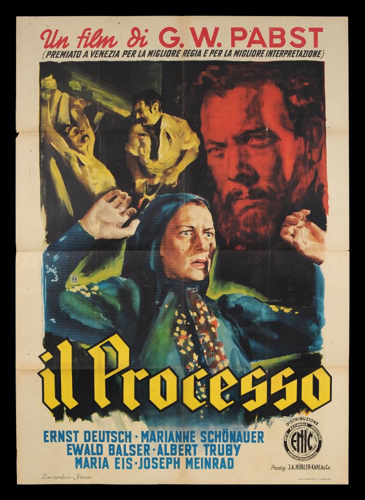 L'immagine riproduce uno dei manifesti conservati presso la Mediateca Regionale Pugliese (vedi Note). Si tratta di uno dei manifesti del film in bianco e nero “Il processo” del 1948 per la regia di Georg Wilhelm Pabst vincitore del premio internazionale di regia alla Mostra internazionale d’arte cinematografica. La firma che ritroviamo sul lato sinistro è di Rinaldo Gèleng (R. Gèleng). Artista poliedrico ed eclettico, dopo gli studi d'arte, visse e lavorò come direttore artistico per una casa editrice a Parigi, poi a Milano dove realizzò una serie di copertine per Mondadori e infine a Roma, dove creò alcuni manifesti per i film di Fellini. Il suo stile fresco e pittorico è fatto di pennellate liquide e sfumate, con spunti grafici originali, composizioni personali, in cu...