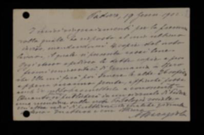 Nella cartolina, Aristide Baragiola ringrazia l'editore per l'invio delle copie del libro e si compiace della qualità della stampa. Gli annuncia che sta per essere pubblicata una sua recensione all'opera di Paolo Orano, "Psicologia sociale".