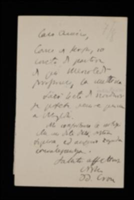 Nella cartolina, Benedetto Croce prega Giovanni Laterza di raggiungerlo a Napoli prima della sua partenza per Raiano e si complimenta per le buone notizie circa la salute della moglie dell'editore.