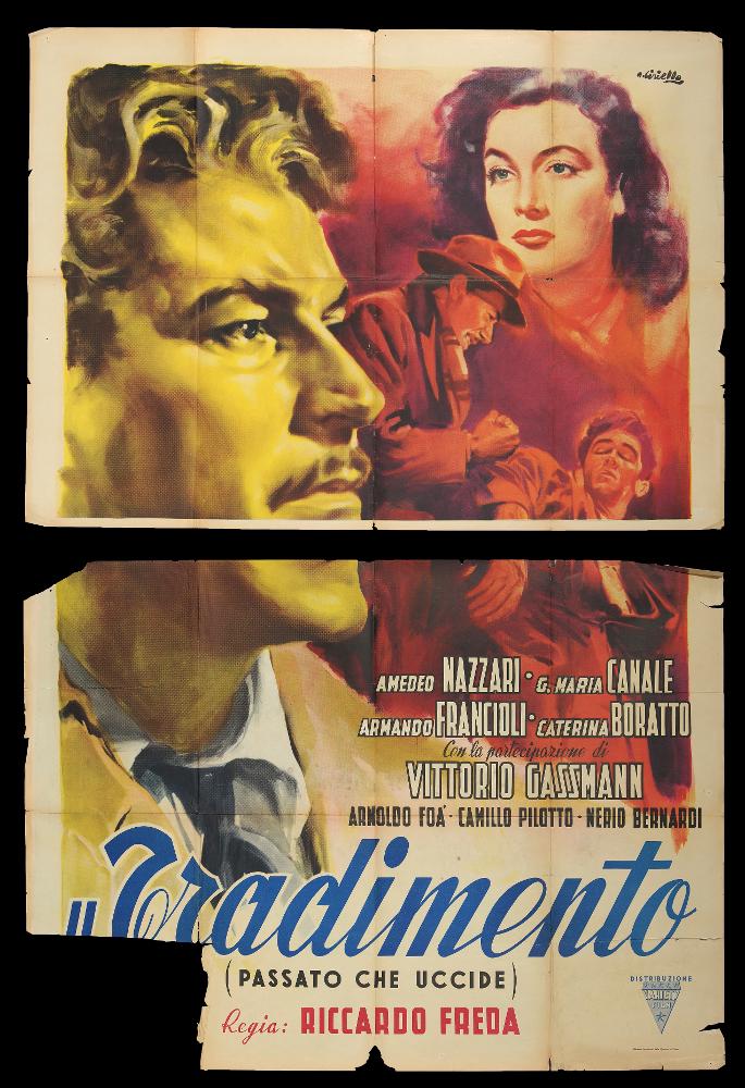 L'immagine riproduce uno dei manifesti conservati presso la Mediateca Regionale Pugliese (vedi Note). Ciriello firma il dipinto per il manifesto di "Il tradimento", film italiano degli anni '50. Pittore dal linguaggio elaborato e dallo stile pittorico colto e maturo, sia nel ritratto che nelle scene narrative, Ciriello seppe caratterizzare le sue opere con l'uso di sfumature volumetriche, tocchi di colore morbidi "emotivi", che denotano una comunicazione visiva chiara e coinvolgente. Si ricorda come tra i più importanti disegnatori per manifesti del cinema italiano. Iniziò a lavorare come pubblicitario presso l’agenzia 'Non plus ultra' a Milano e poi presso la 'Ima', la più grande agenzia di pubblicità in Italia. Il suo talento come disegnatore di arte figurativa lo por...